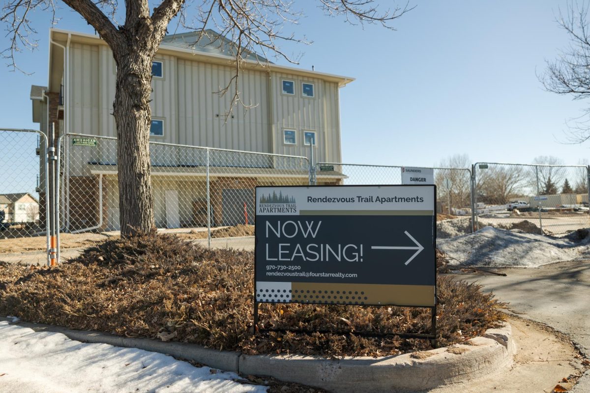 A sign advertising the Rendezvous Trail Apartments Jan 27. Located near the intersection of Timberline Road and Custer Drive, the apartments will be available to Colorado State University employees below market rate.