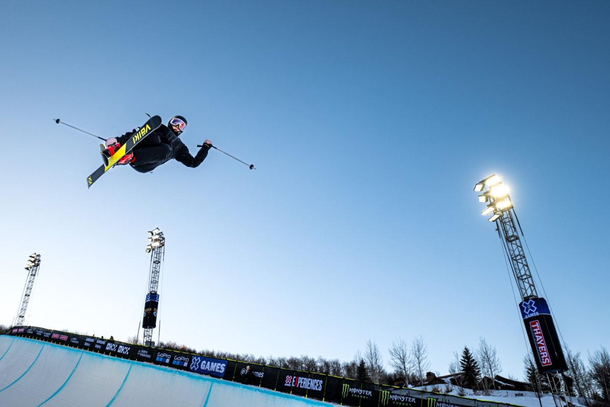 Yujin Jang flies through the air during warm-up on the Womens Ski SuperPipe at X Games Aspen Jan. 27

