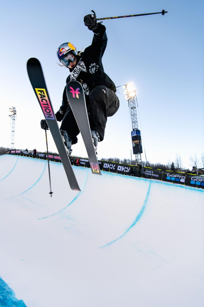 Eileen Gu flies through the air during warm-up on the Womens Ski SuperPipe at X Games Aspen Jan. 27 In the competition Gu placed first. 
