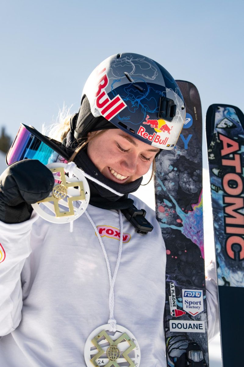 Tess Ledeux poses on the X Games Aspen podium with her two gold medals from the Samsung Galaxy Women’s Ski Slopestyle and Pacifico Women’s Ski Big Air competitions Jan. 28 