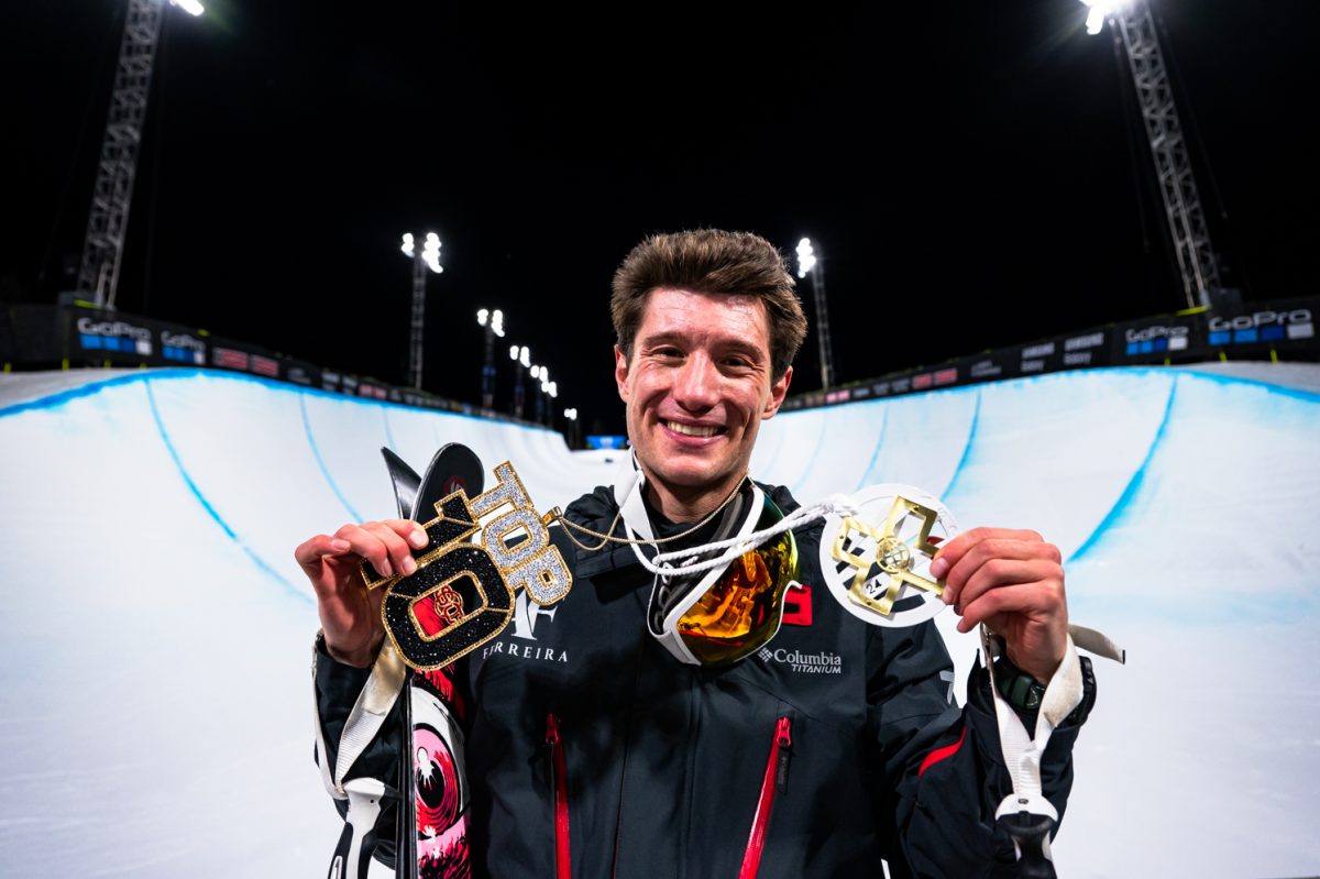 Alex Ferreira shows off his gold medal from the Mens Ski SuperPipe at X Games Aspen Jan. 28.