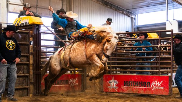 Taggart Moses rides during X2D Broncs riding practice at Double Check Arena in Eaton, Colorado, April 3, 2023.