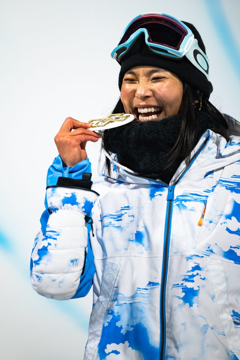 Chloe Kim celebrates her win in the Monster Energy Womens Snowboard SuperPipe Jan. 26.