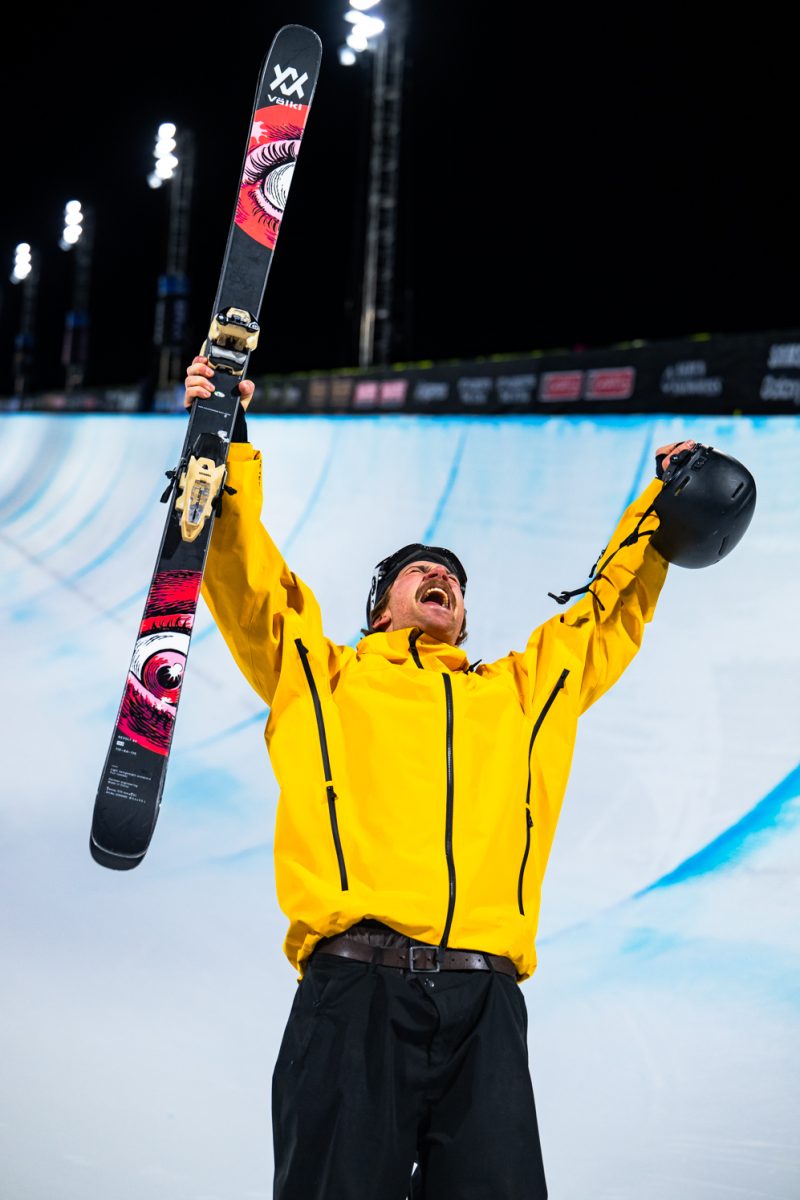 Hunter Hess celebrates after taking third place in the Chipotle Mens Ski SuperPipe at X Games Aspen Jan. 28.