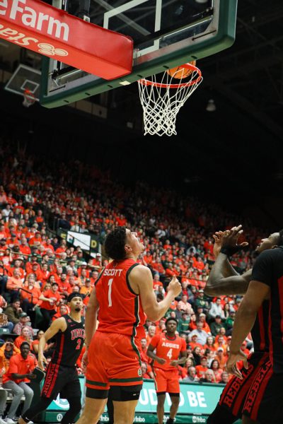 Joel Scott (1) waits for his rebound under the net January 19. The close game ended with a Colorado State win 78-75. vs. the UNLV Rebels.  
