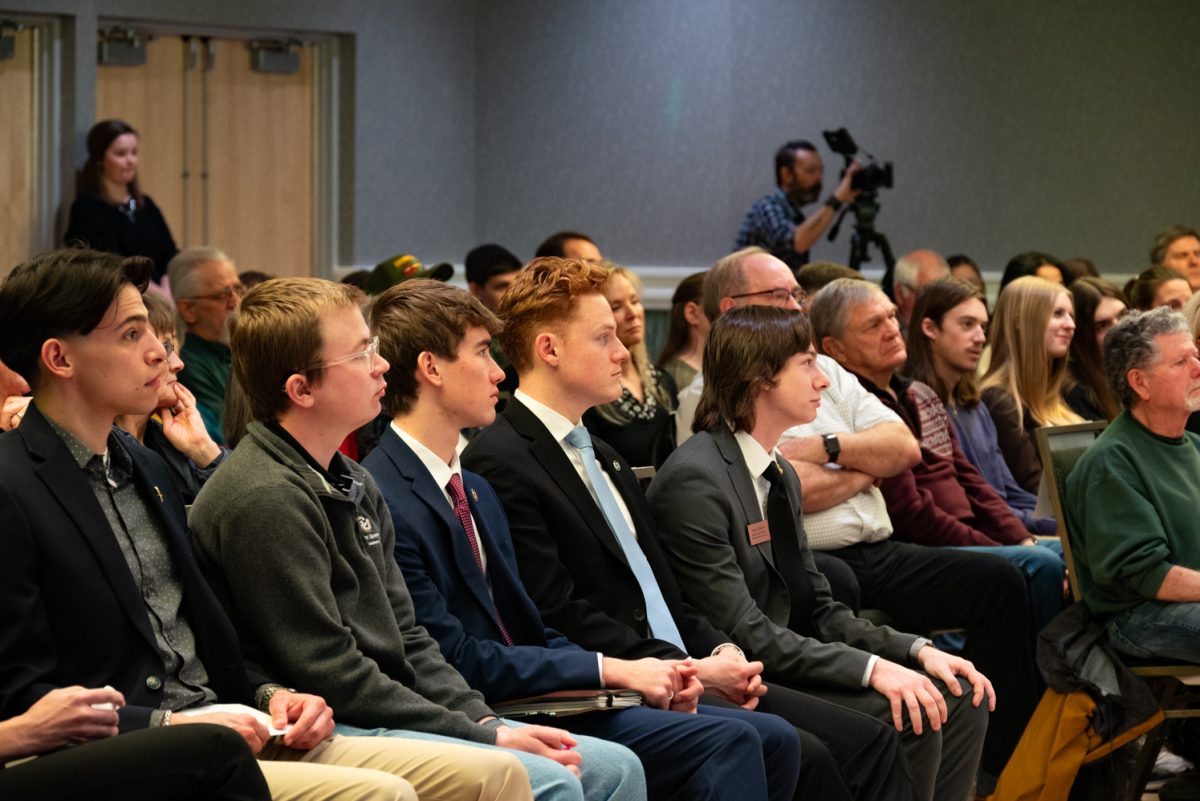 The crowd of the Coffee with Ken Buck event listens to Representative Buck speak in the University Ballroom of the Lory Student Center.