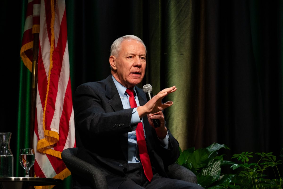 Representative Ken Buck talks about different role models he had throughout his career at the Coffee with Ken Buck event in the University Ballroom.