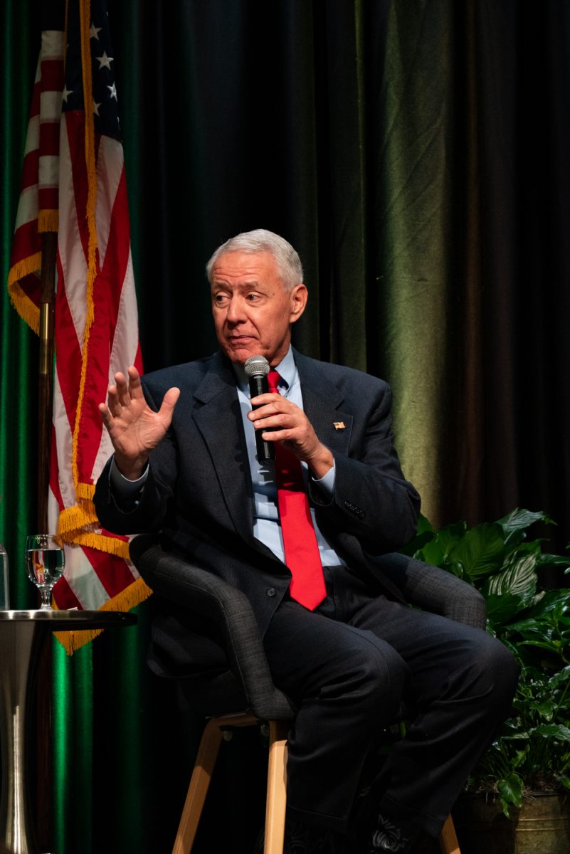 Representative Ken Buck talks about the difference between retail politics and governing at the Coffee with Ken Buck event in the University Ballroom.