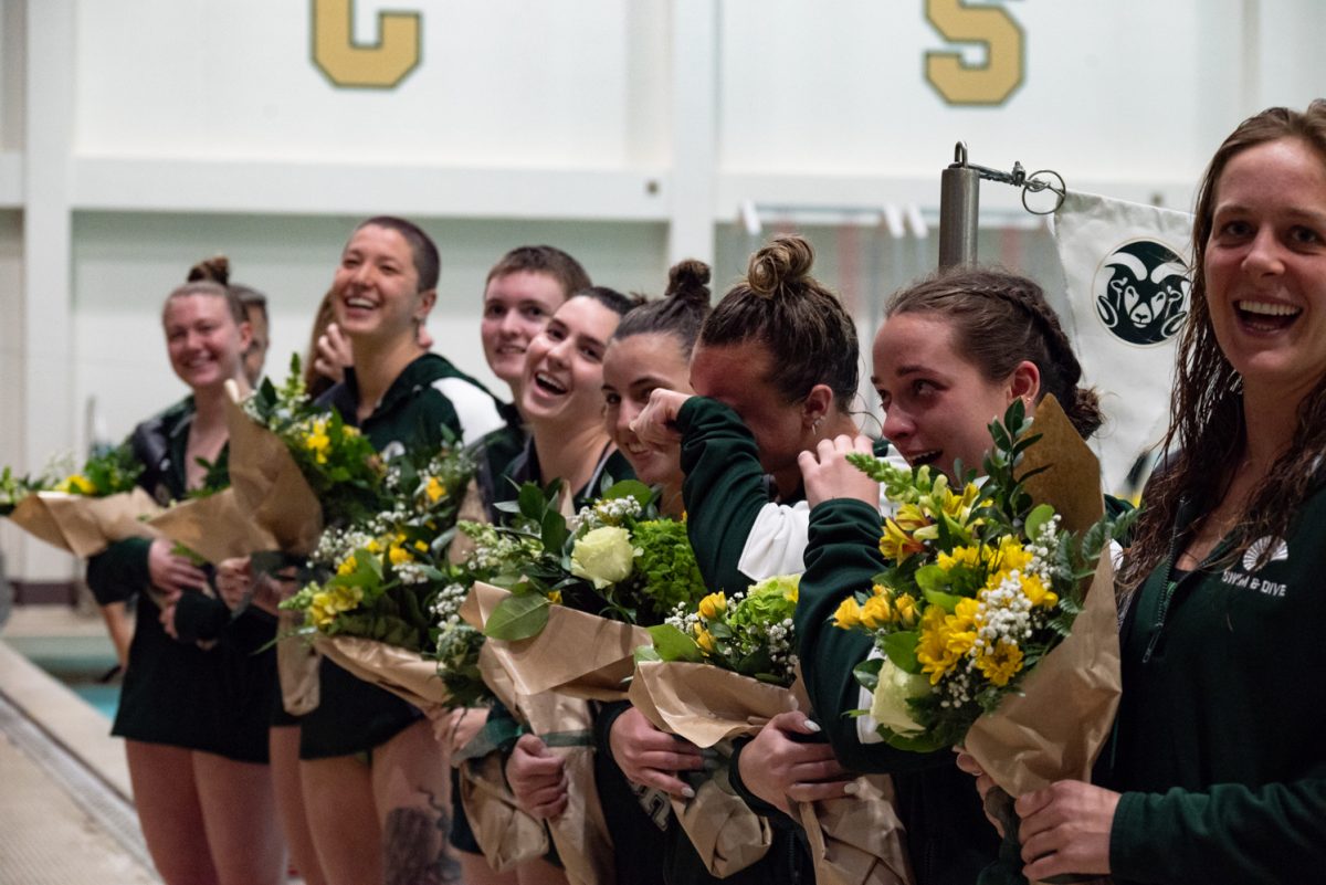 Colorado State University swim recognizes their seniors in a celebration before their meet against the University of Northern Colorado.