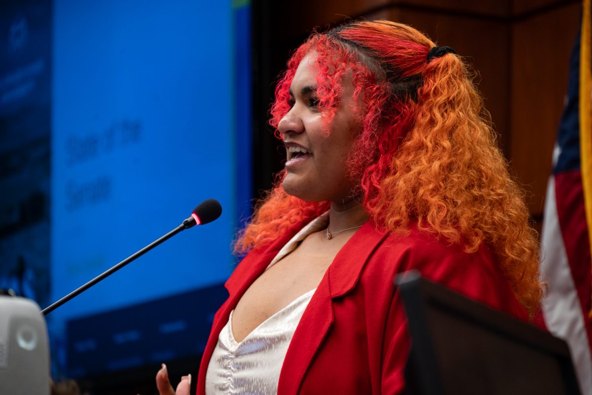 Senate Speaker Ava Ayala talks about opportunities that have been opened up by ASCSU at the Annual State of the Association Address.