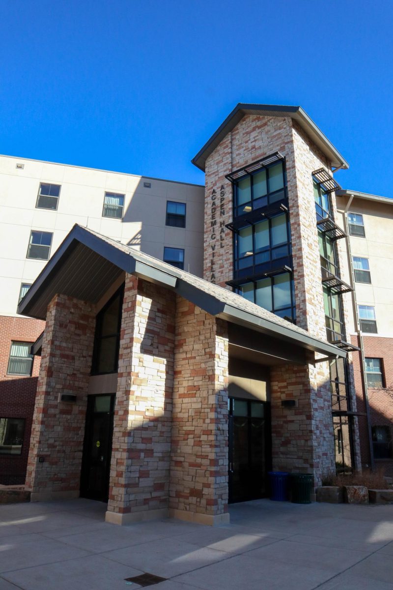 Aspen Hall from the west side, Aspen Hall is part of the Academic Village and neighbors Canvas Stadium. Jan. 29.