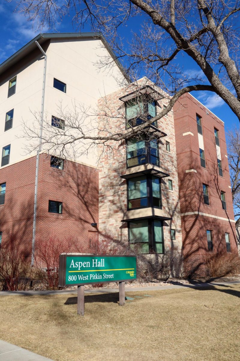 Aspen Hall from the south side, Aspen Hall is part of the Academic Village and neighbors Canvas Stadium. Jan. 29.