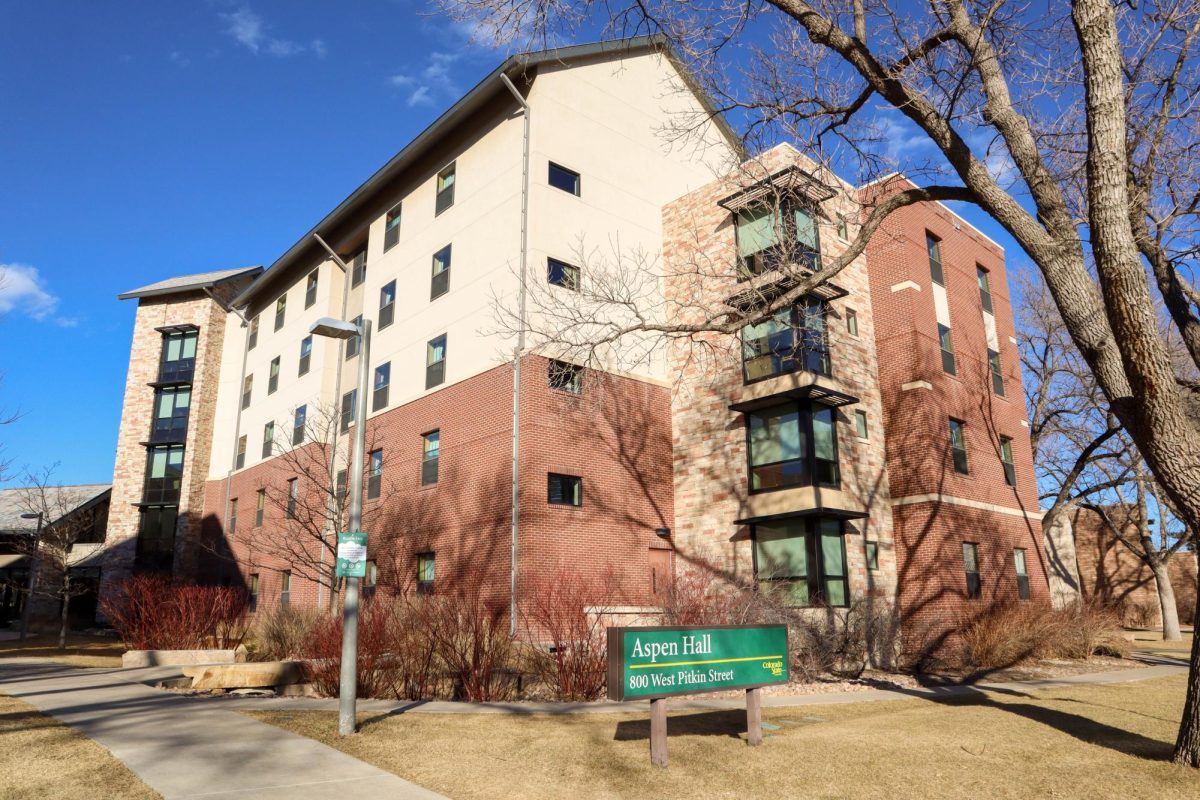 Aspen Hall from the south side, Aspen Hall is part of the Academic Village and neighbors Canvas Stadium. Jan. 29.