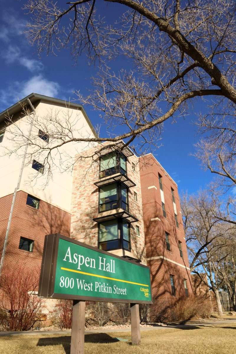 Aspen Hall from the south side, Aspen Hall is part of the Academic Village and neighbors Canvas Stadium. Jan. 29.