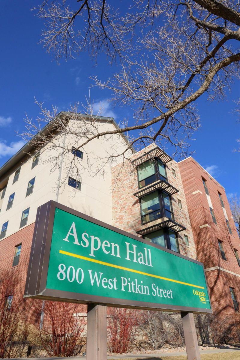 Aspen Hall from the south side, Aspen Hall is part of the Academic Village and neighbors Canvas Stadium. Jan. 29.