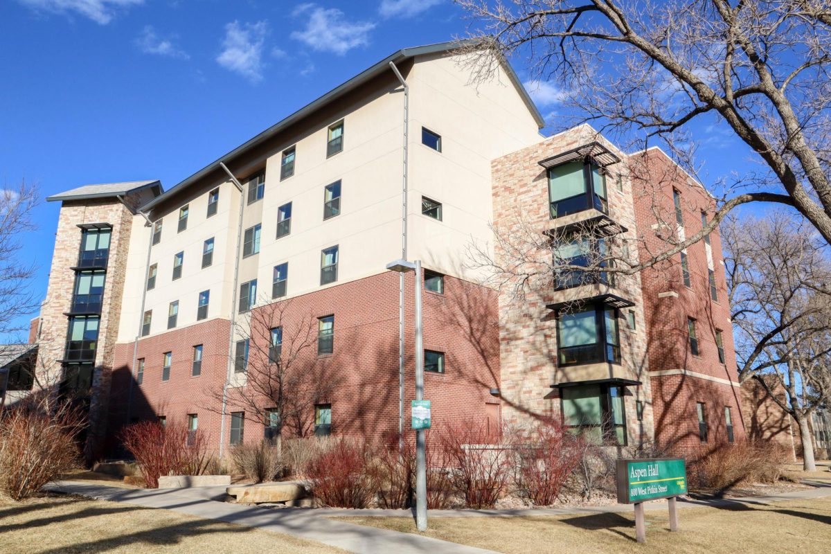 Aspen Hall from the south side, Aspen Hall is part of the Academic Village and neighbors Canvas Stadium. Jan. 29.