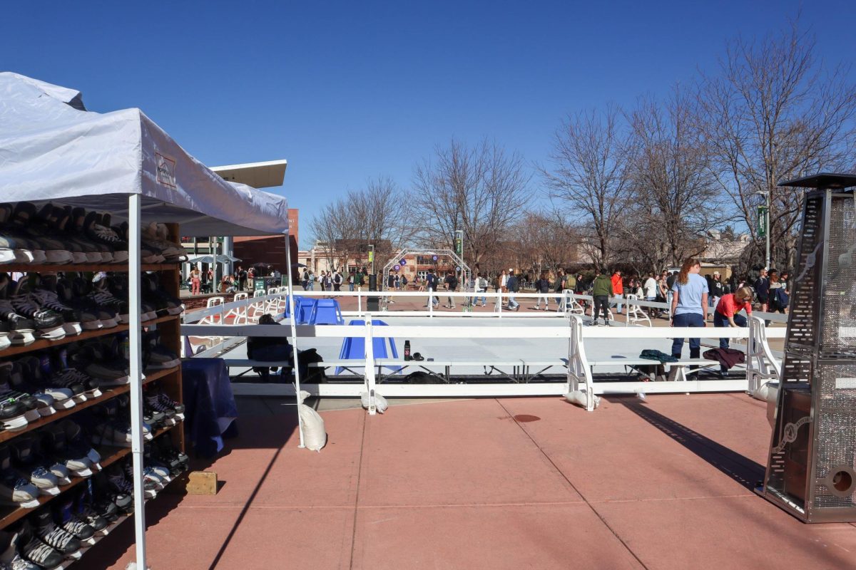 Colorado State University Resident Hall Association hosts "Rams On Ice". An event they try to host annualy at the beginning of the spring semester. Students are seen putting on ice skates and skating on the synthetic ice. Jan.31.