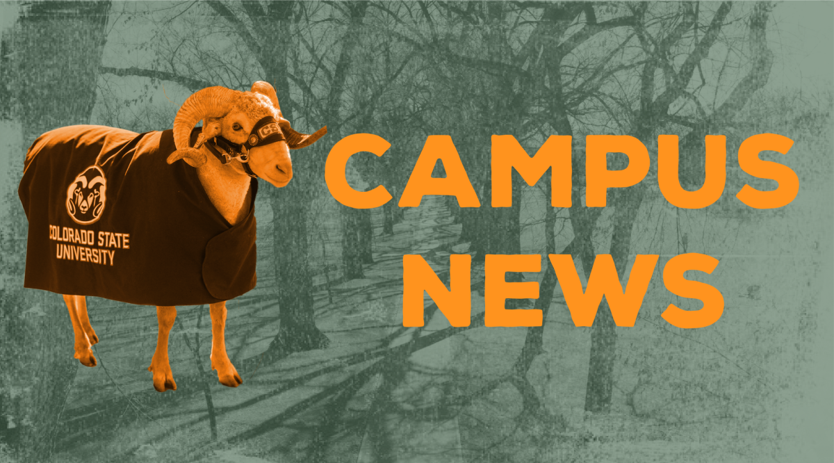An orange cutout of Cam the Ram next to the words, campus news, in orange on a green-tinted tree image background.