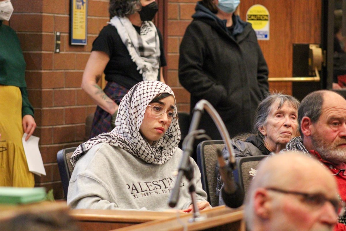 Israa Eldeiry looks concerned as she attends the Fort Collins City Council meeting addresses the ceasefire resolution in Gaza.