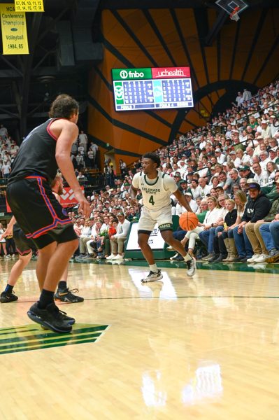 Isaiah Stevens (4) looks for an open pass to score during the CSU vs Boise St. basketball game on Feb. 6. (CSU won 75-62)