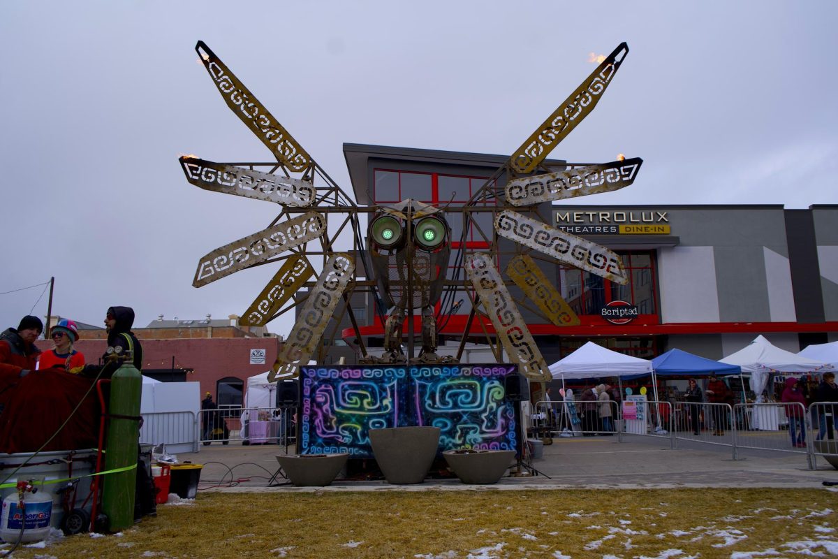 A 25 foot tall owl made of metal titled Mao Tou Ying stands in the Foundry Plaza in Loveland, Colorado Feb. 10. The artwork was made by Drew Hsu, also known as Torch Mouth, and was the centerpiece of the fire element at Lovelands Annual Sweetheart Festival.