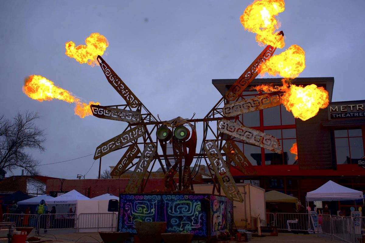 A 25 foot tall metal sculpture of an owl titled Mao Tou Ying shoots off flames in the Foundry Plaza in Loveland, Colorado Feb. 10. The artwork was made by Drew Hsu, also known as Torch Mouth, and was the centerpiece of the fire element at Lovelands Annual Sweetheart Festival.