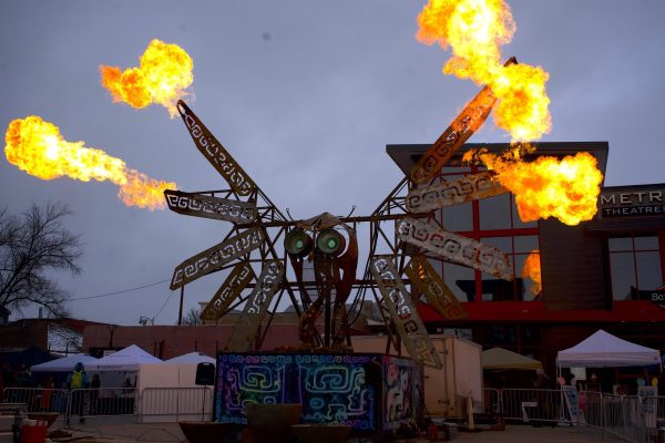 Mao Tou Ying, a 25-foot metal sculpture of an owl, expels plumes of fire at the Sweetheart Festival in Loveland, Colorado, Feb. 10. Drew Hsu, also known as Torch Mouth, created the artwork.