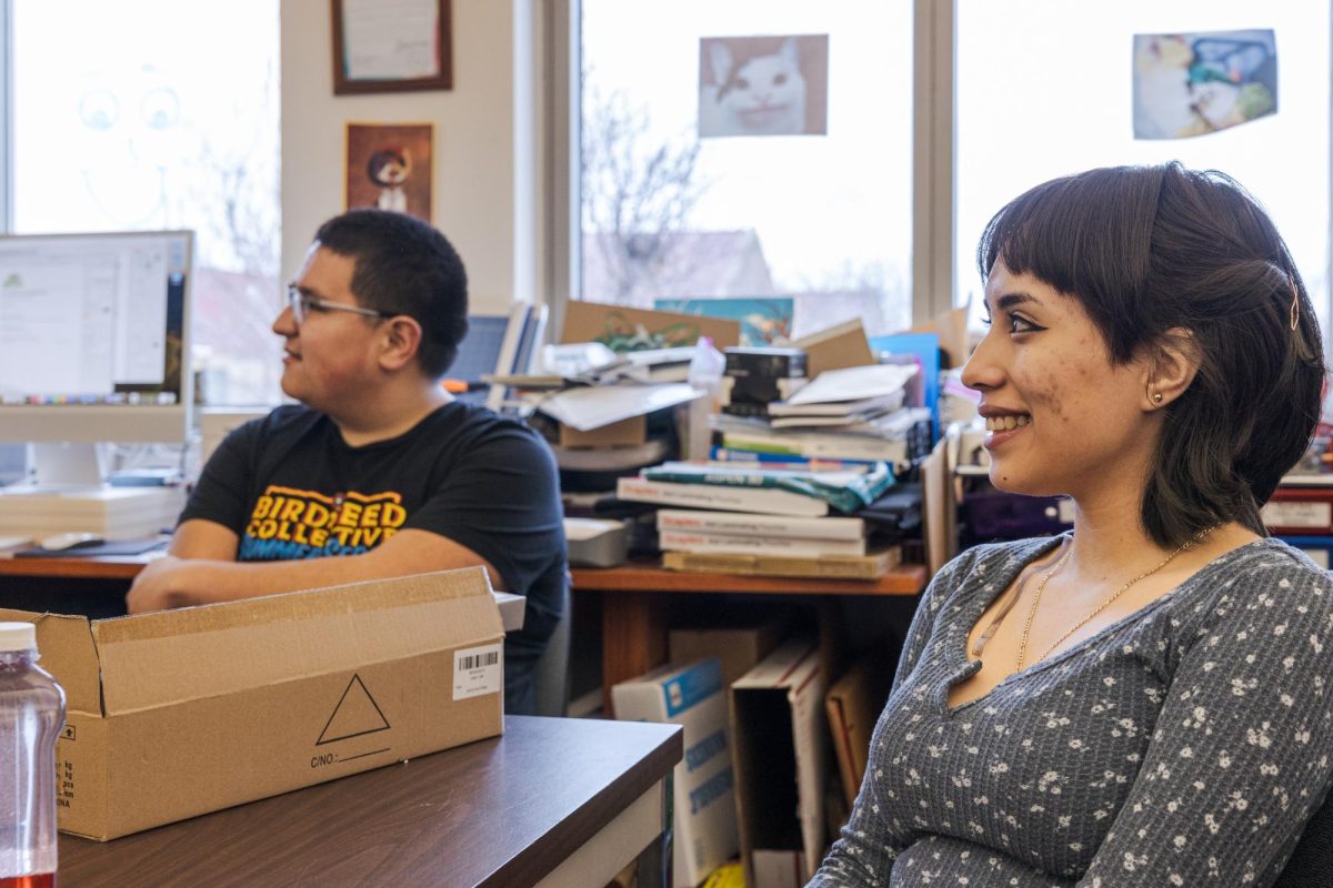 Little Shop of Physics student interns Luis Aceves and Erika Monrreal talk about their internship experiences Feb. 15. Kids see a woman scientist speaking their native language and its like a switch flips, Monrreal said.