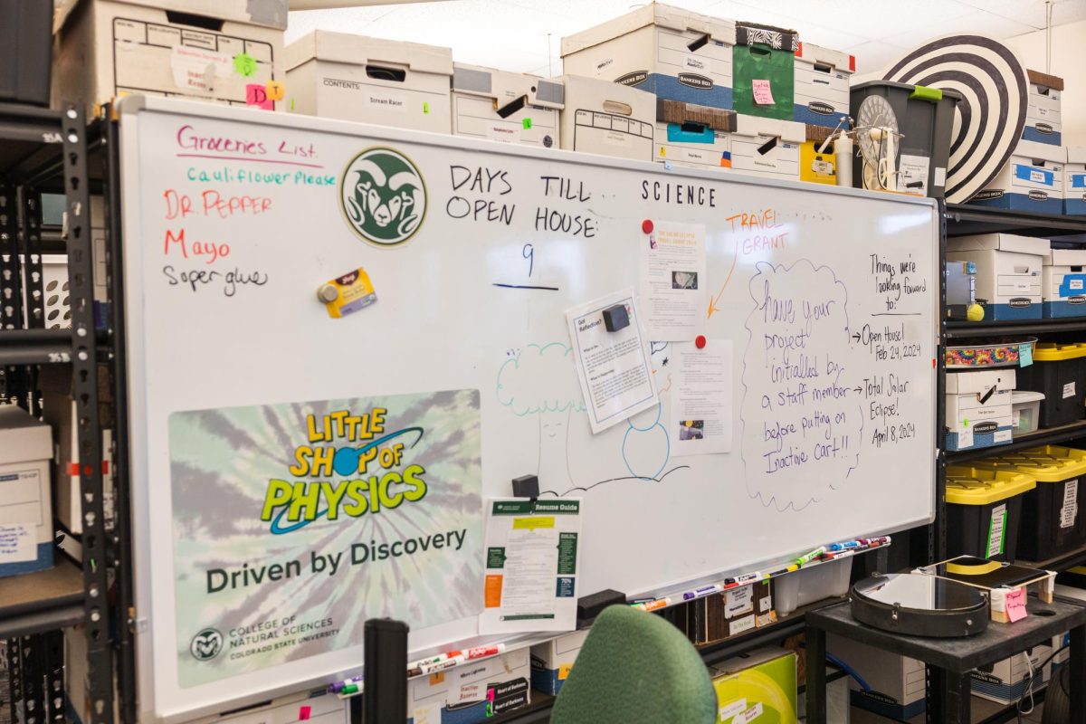 A whiteboard in Colorado State Universitys Little Shop of Physics counts down the days to the Open House Feb. 15.
