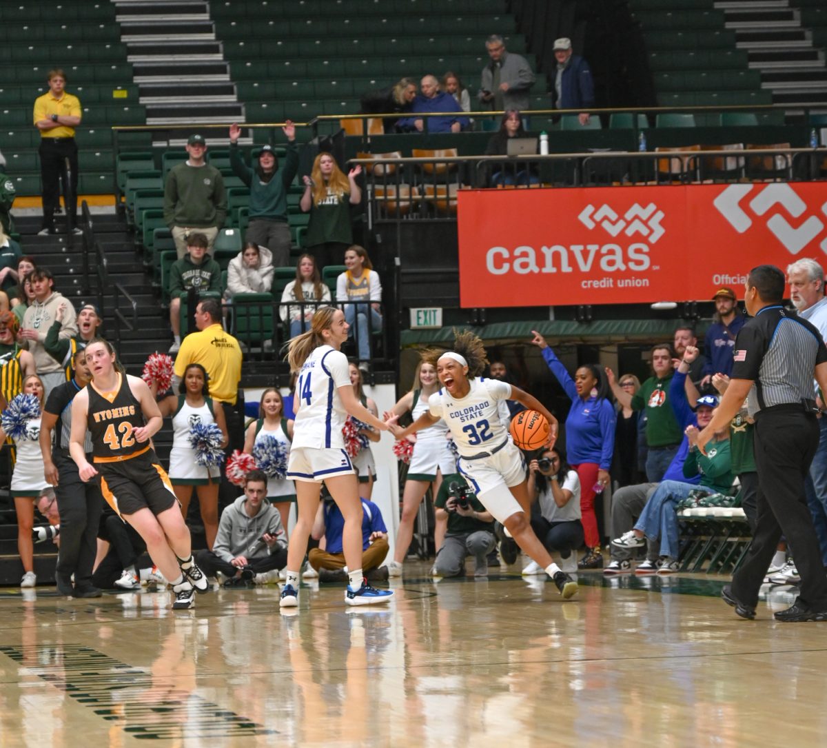 Cailyn Crocker gains possession of the ball during the Colorado State University basketball game against the University of Wyoming Feb. 17. CSU won 75-70.