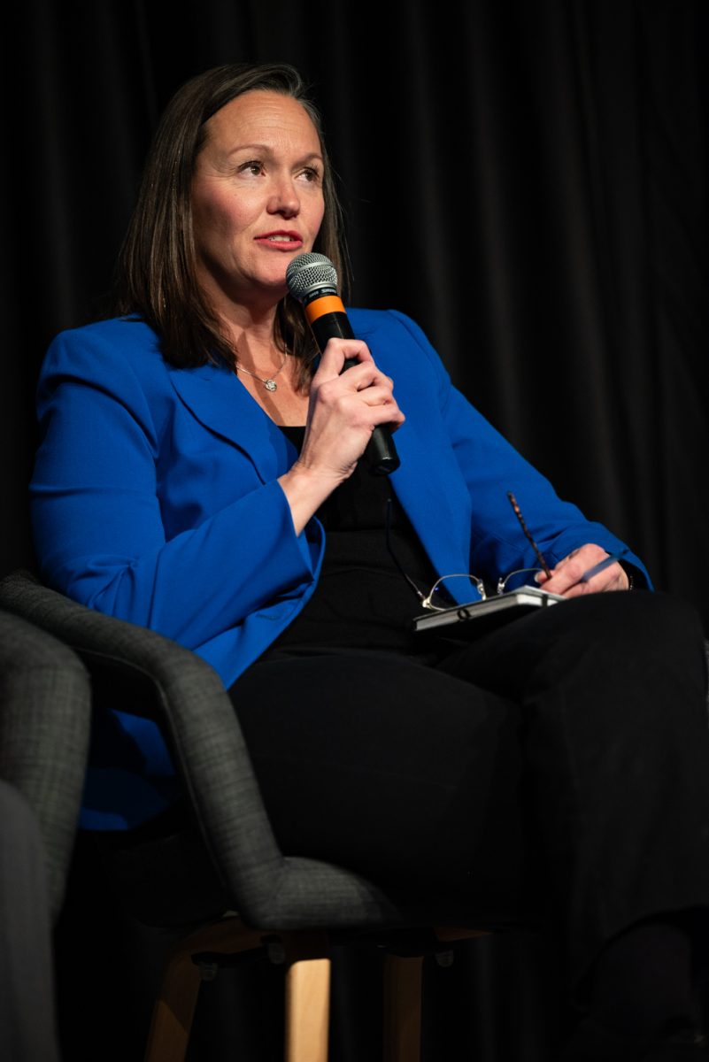 Panelist Christine Fruhauf, a professor of Human Development and Family Studies, talks about her experience in Sweden at a Thematic Year of Democracy discussion.