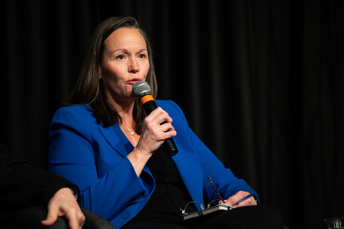 Panelist Christine Fruhauf, a professor of Human Development and Family Studies, talks about her experience in Sweden at a Thematic Year of Democracy discussion.