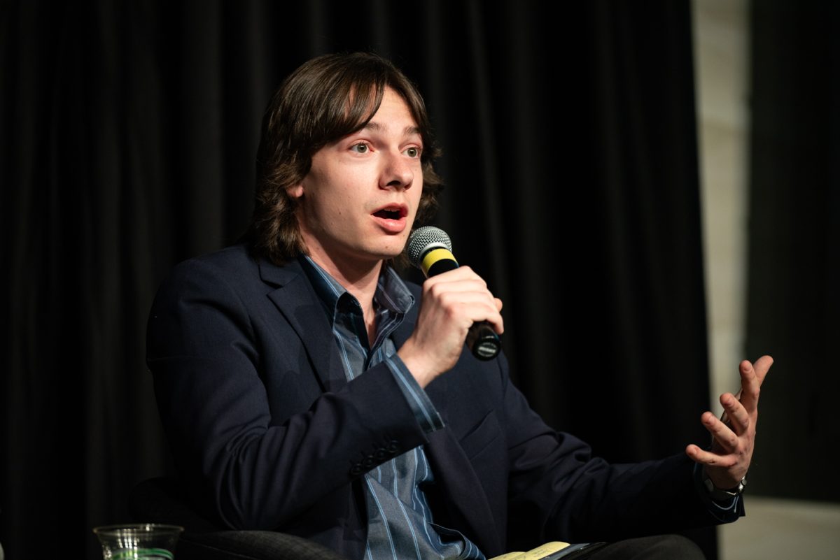 Panelist Nick DeSalvo, ASCSU president, talks about barriers in running for a position in the United States government at a Thematic Year of Democracy discussion.