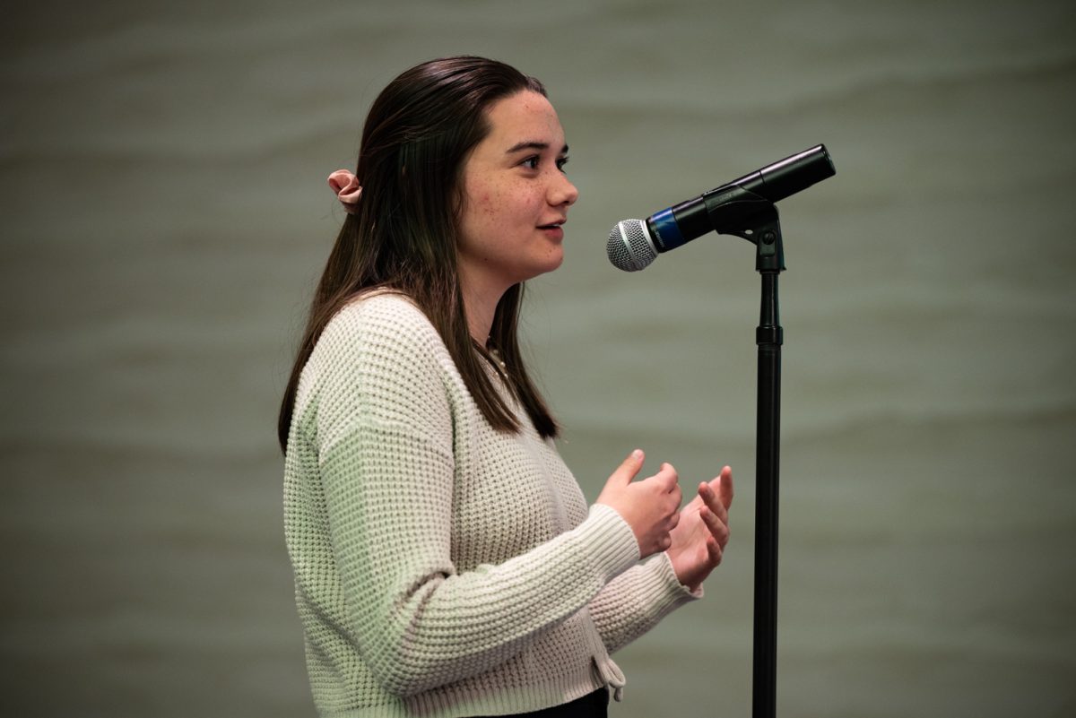 Audience member Rachel Washburn asks a question for the panel of a Thematic Year of Democracy discussion.