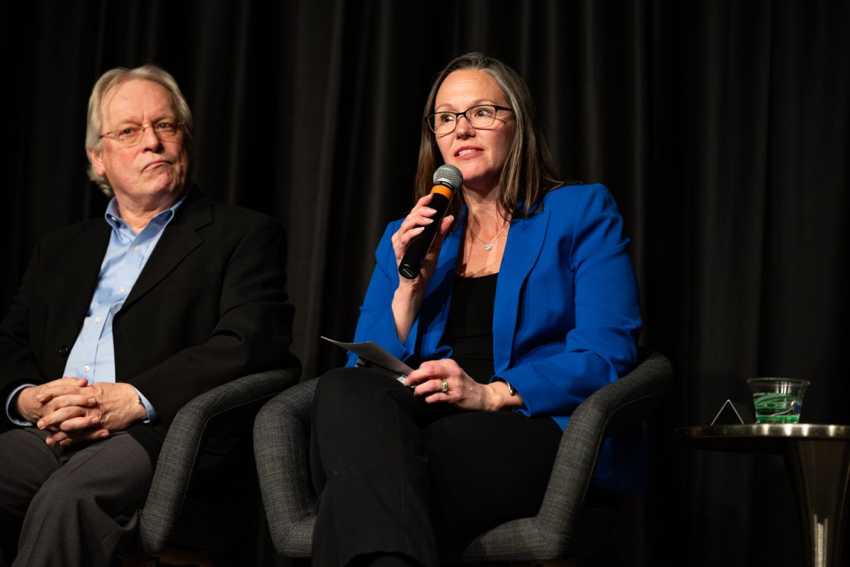Panelist Christine Fruhauf, a professor of Human Development and Family Studies, starts her individual remark at a Thematic Year of Democracy discussion.