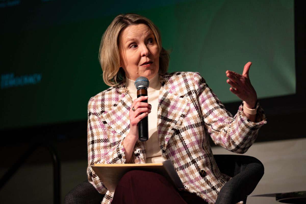 Panel moderator Karrin Anderson, a professor of Communication Studies, shares her thoughts at a Thematic Year of Democracy discussion.
