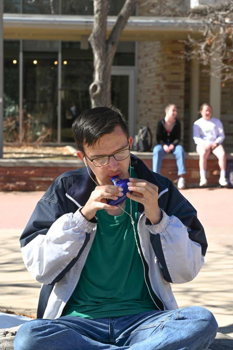 Colorado State University first-year Cameron Turner plays The Legend of Zelda theme song on the ocarina in The Lory Student Center Plaza Feb. 20.