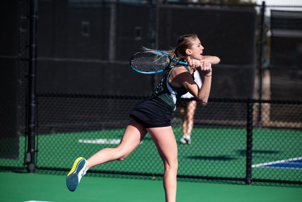 Graduate student Sarka Richterova strikes the ball during a singles match against Northern Arizona University.