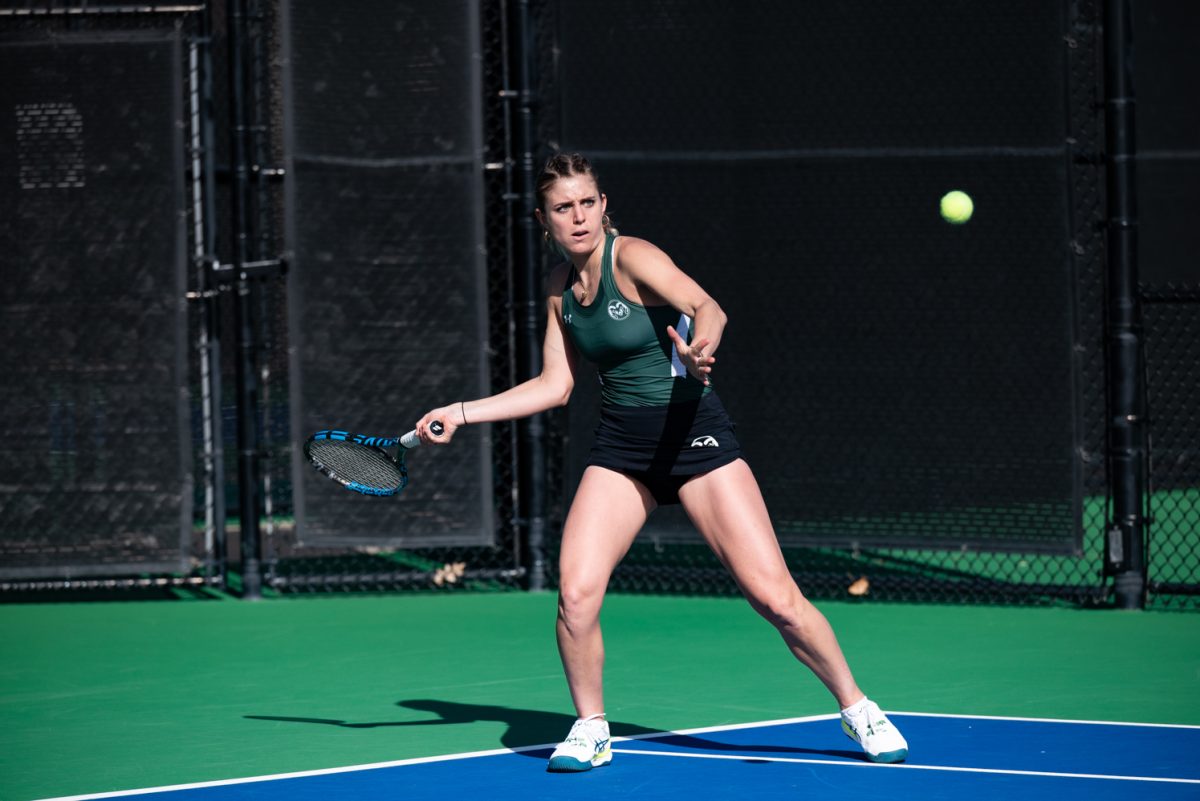 A tennis player prepares to hit the ball.