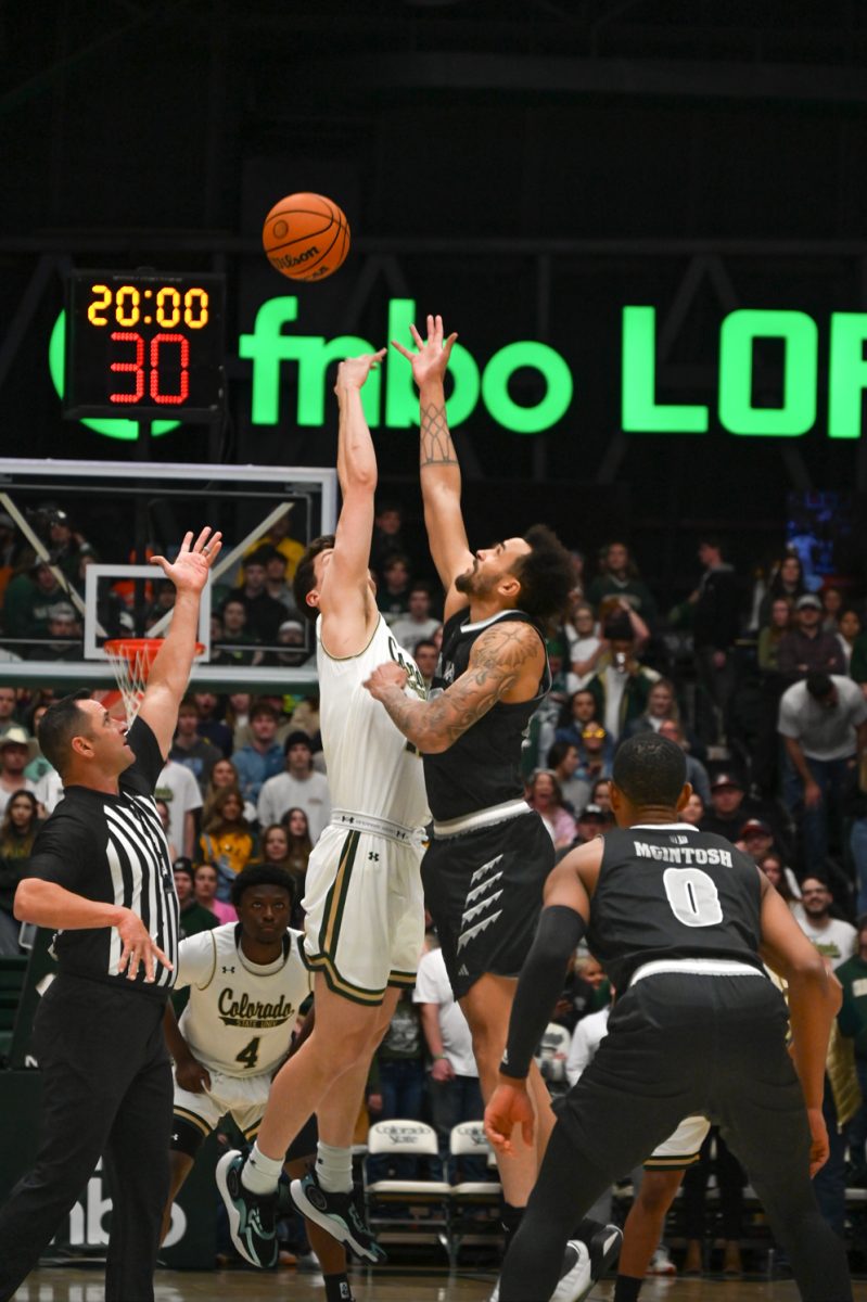 Patrick Cartier starts the game off with gaining possession of the ball during the beginning tip-off at the CSU vs. Nevada men's basketball game on Feb. 27, 2024. (CSU lost 77-74)