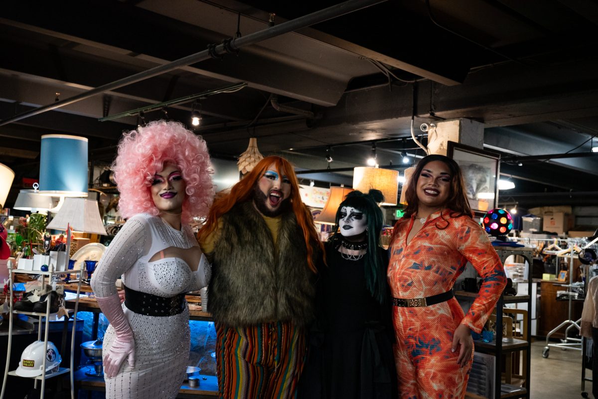 Vegina Quartz, Liz Agna, Miss Construed, and Diddly Squat smile for a photo after the Funktastic Drag Show.