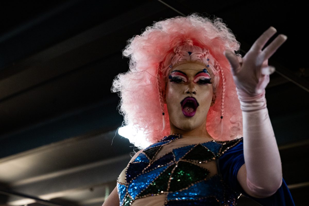 Vegina Quartz waves to the audience at the start of her performance at the Funktastic Drag Show.