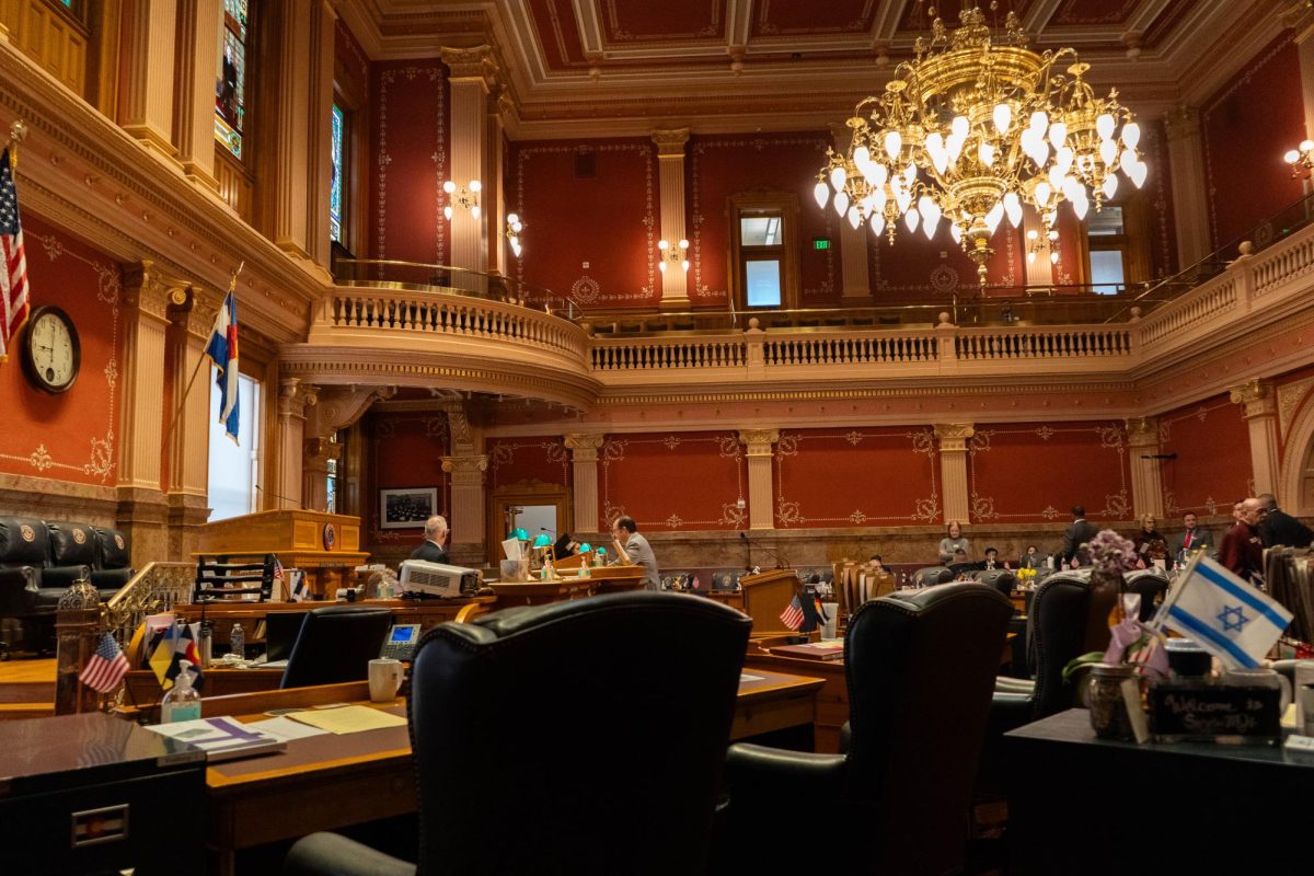 The interior of the Colorado State Capitol senate chambers. 2024 Stock. 