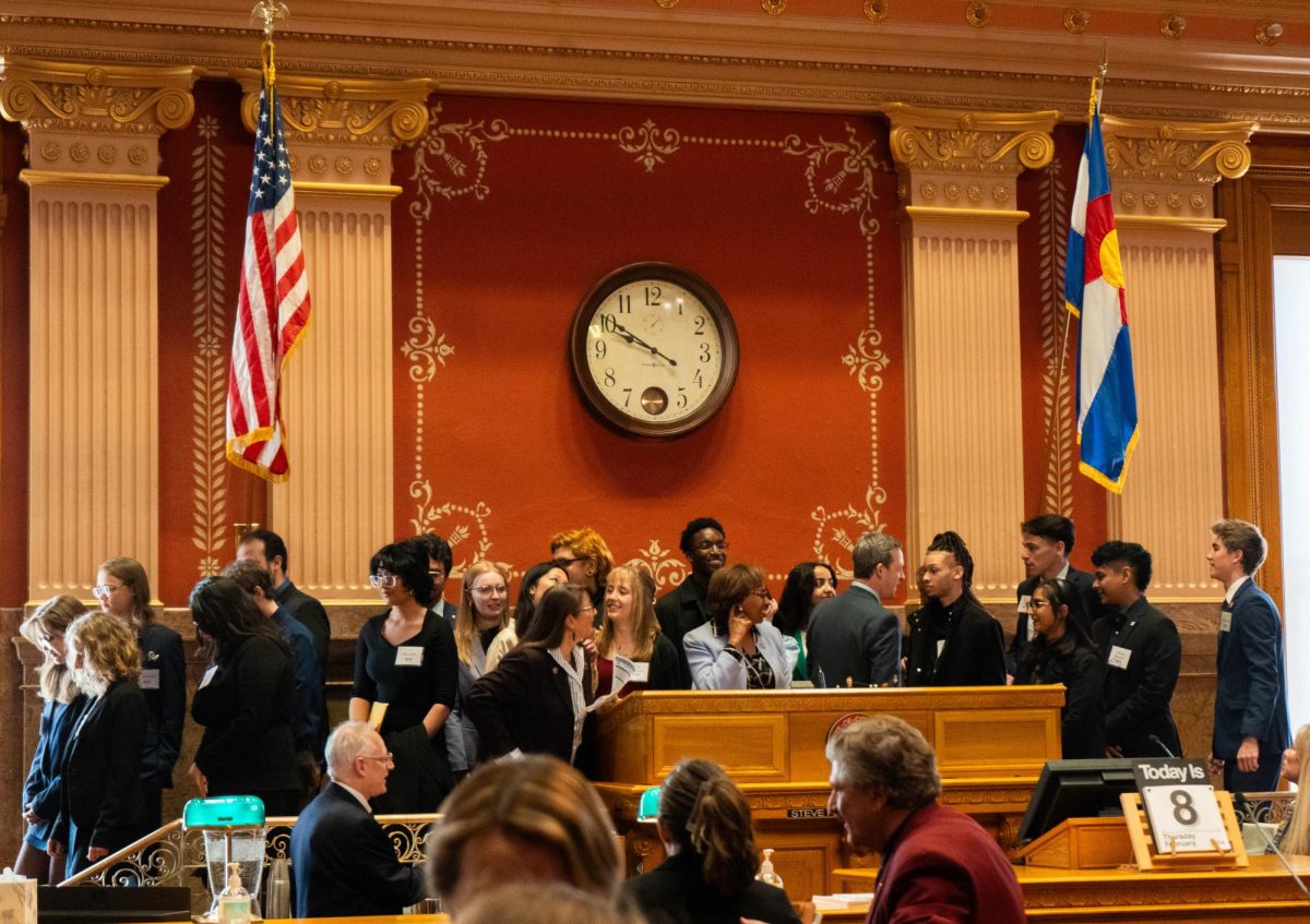 Members of the Associated Students of Colorado State University stop for a picture the front of the Colorado State Senate chambers Feb. 8. The participants in the Day at the Capitol event observed a senate session of the Colorado General Assembly. 