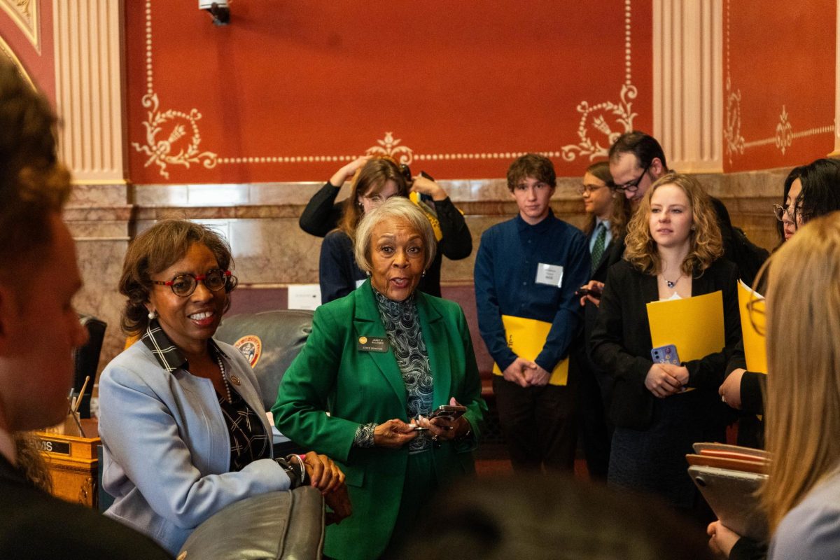 Sen. Janet Buckner and Sen. Rhonda Fields speak to Day at the Capitol participants in the Colorado State Capitol Senate chambers Feb. 8. Fields and Buckner spoke about the importance of student participation in legislation.