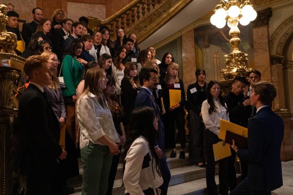 Braxton Dietz, chief of staff of the Associated Students of Colorado State University, gives directions for the proceedings at the Day at the Capitol event Feb. 8. Around 50 students from Colorado State University attended to tour the state capitol and observe legislation. 