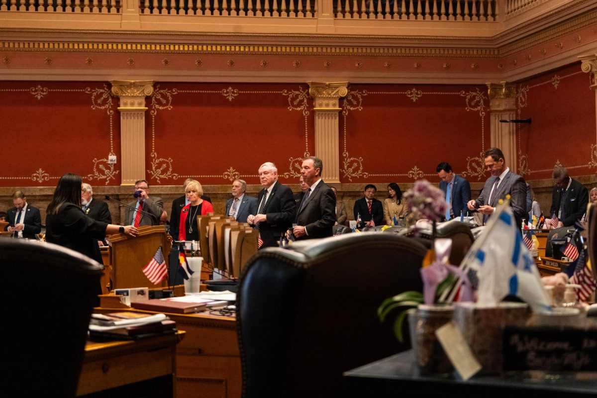 Members of the Colorado General Assembly at the beginning of a senate session on Feb. 8. Stock. 
