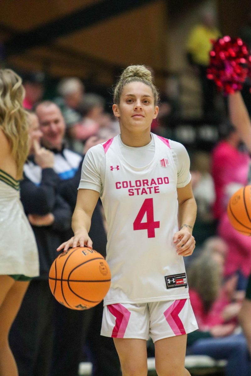 Colorado State University No.4 McKenna Hofschild dribbles down the sidelines before the women's basketball game against San Diego State University. Feb. 3.