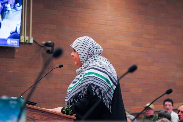 A member of the Fort Collins community speaks about a ceasefire resolution at a Fort Collins City Council meeting Feb. 6.