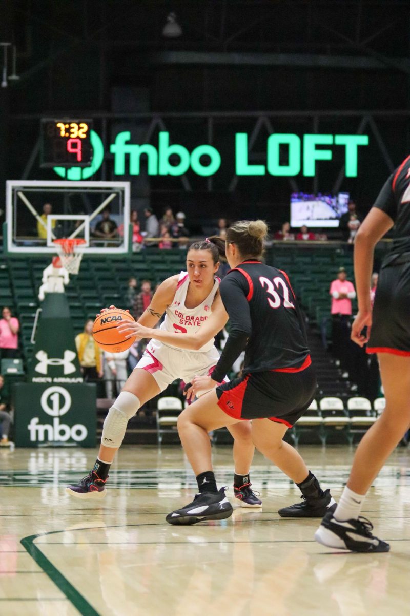 Colorado State University No.24 Sydney Mech maneuvers through San Diego State University players at the women's basketball game against San Diego State University. Feb. 3.